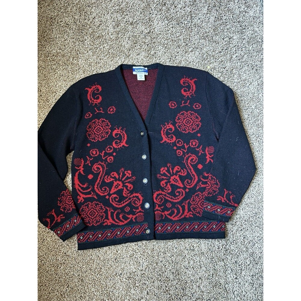 Vintage Pendleton Sweater Womens Petite M Red Black 100 % Virgin Wool Cardigan